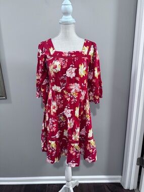 NWT Cato Red Floral Prairie Style Square Neckline Midi Dress. Size Small